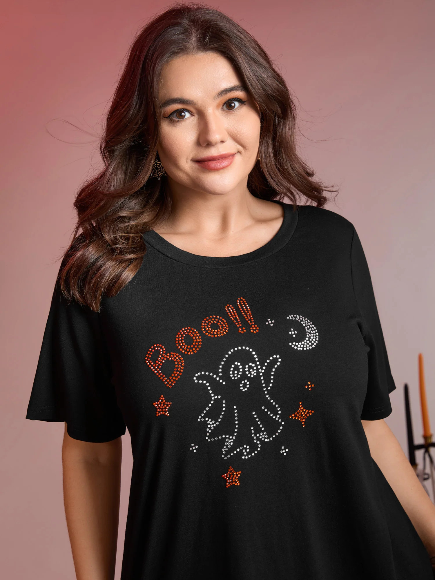 Boo-tiful Ghost Rhinestone Detail T-Shirt | Bloomchic