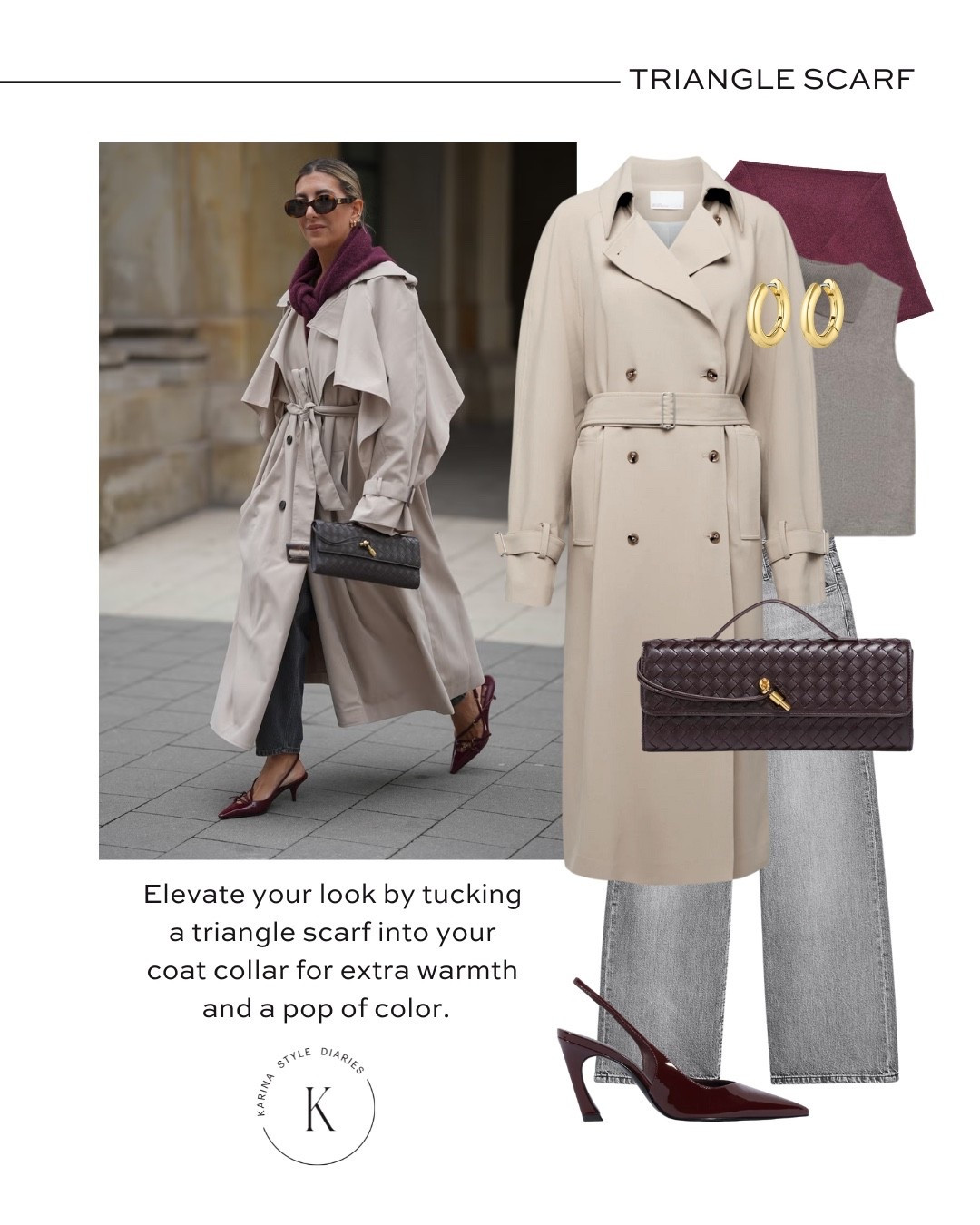 Look effortlessly put together with a triangle scarf tucked into your coat collar! 
Paired with a classic trench, woven leather bag, burgundy slingback pumps, gold hoop earrings, and cashmere tank

#LTKFindsUnder100 #LTKWorkwear #LTKootd