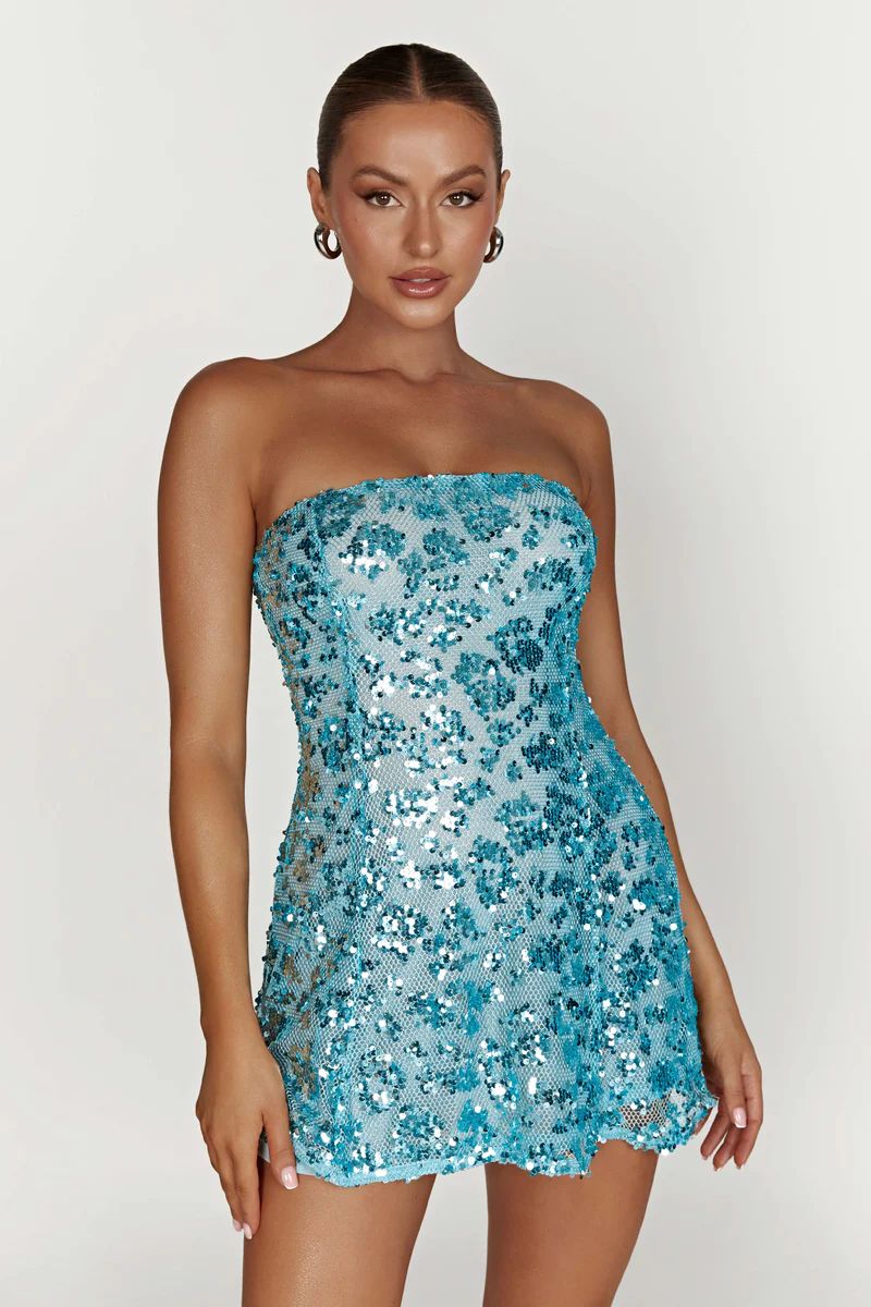Everleigh Strapless Sequin Mini Dress - Powder Blue | MESHKI US