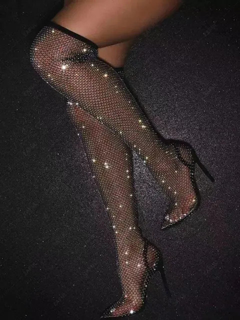 Party Club Fishnet Sequined Glitter Sparkle Heeled Pointed Toe Over-the-knee Boots | ZAFUL (Global)