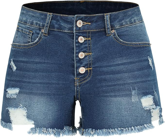 THUNDER STAR Women Mid Rise Ripped Stretchy Jeans Shorts Frayed Raw Hem Casual Denim Shorts | Amazon (US)