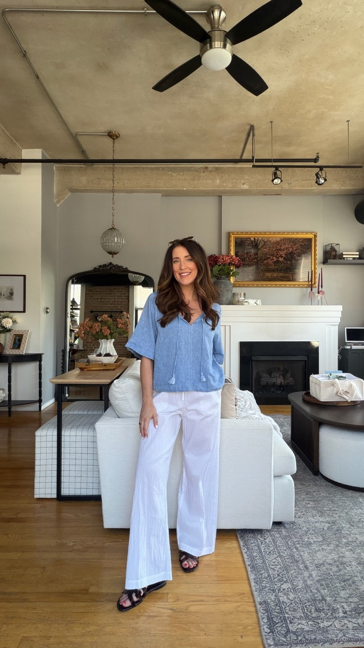 Aritzia lodge pant dupes from Target in a white linen seersucker material. Paired with flowy blue linen top.

#LTKootd