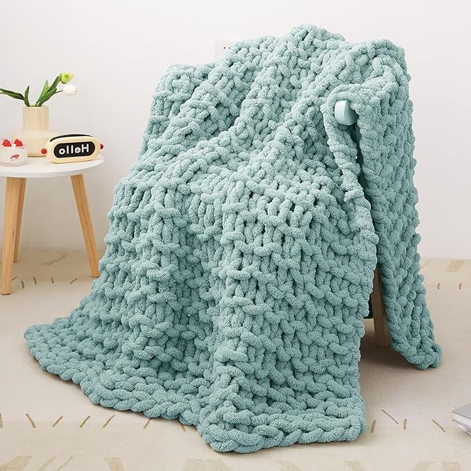 Mooreeke Chunky Knit Blanket 40"x50" Aqua Blue Soft Washable Chenille Throw Blanket Cozy 100% Han... | Amazon (US)