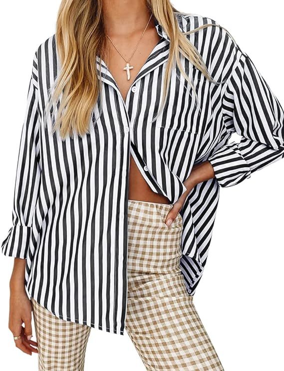Women's Blouses Striped Long Sleeve Shirts Button Down Loose Fit Casual Tops | Amazon (US)