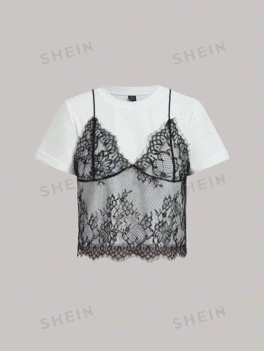 SHEIN MOD Summer White Lace Spliced Round Neck Short Sleeve T-Shirt (2 In 1) | SHEIN