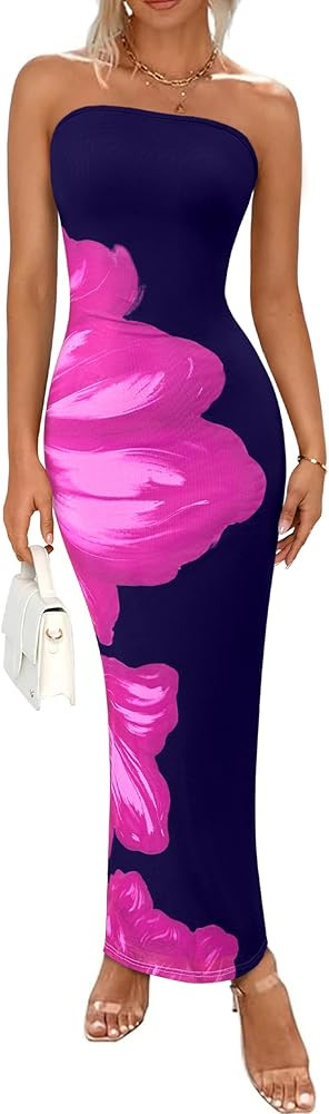 PRETTYGARDEN Women Summer Strapless Maxi Dress Bodycon Floral Sexy Long Wedding Guest Dress Forma... | Amazon (US)