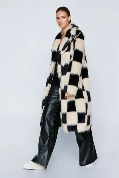 Premium Checkerboard Faux Fur Longline Coat | Nasty Gal (US)