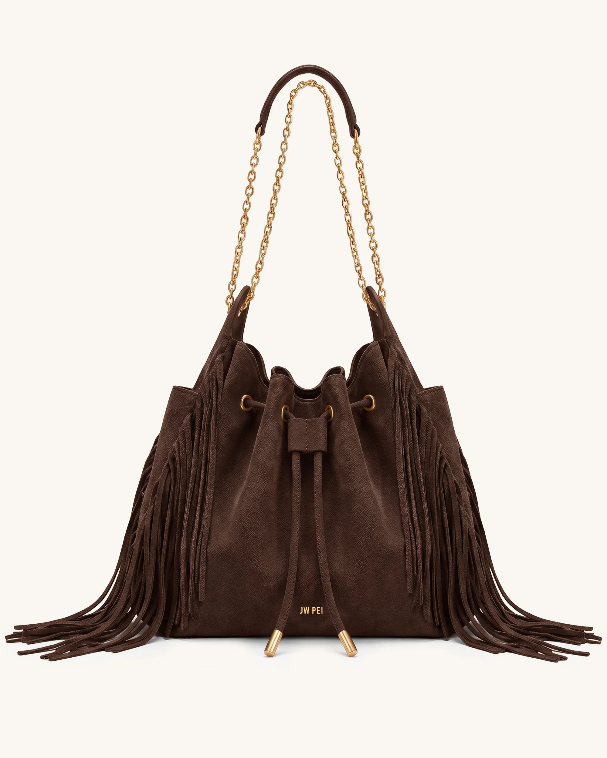 Rowan Faux Suede Tassel Ruched Drawstring Chain Bucket Bag - Amber Bro | JW PEI US