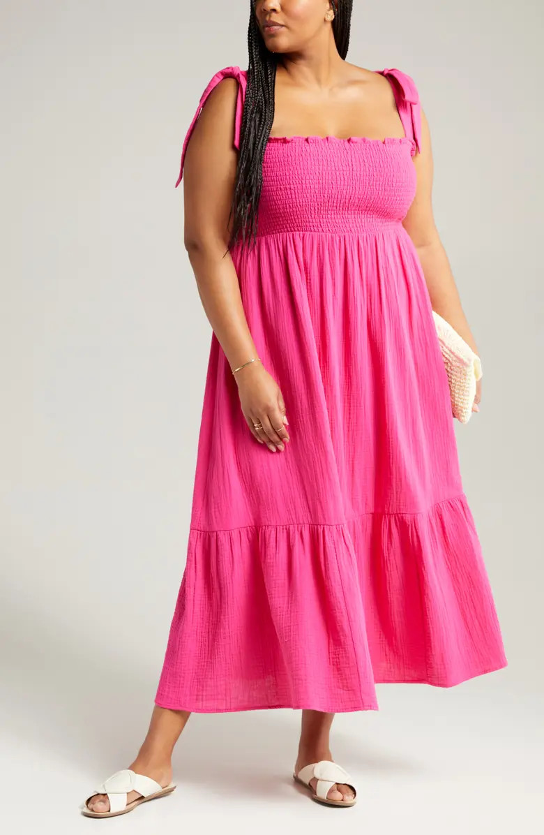 Smocked Tie Strap Cotton Gauze Midi Sundress | Nordstrom