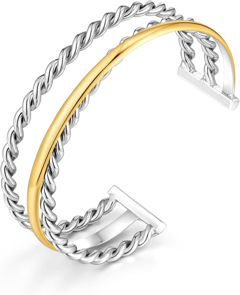 Two-Tone Twisted Rope Cuff Bracelet for Women, Gold & Silver Tone Mixed Metal Open Bangle Bracele... | Amazon (US)
