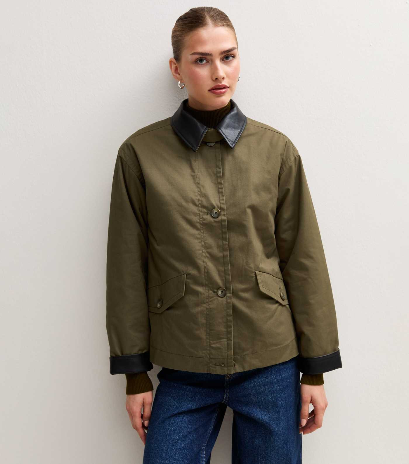 Dark Khaki Contrast Trim Funnel Neck Barn Jacket | New Look | New Look (UK)