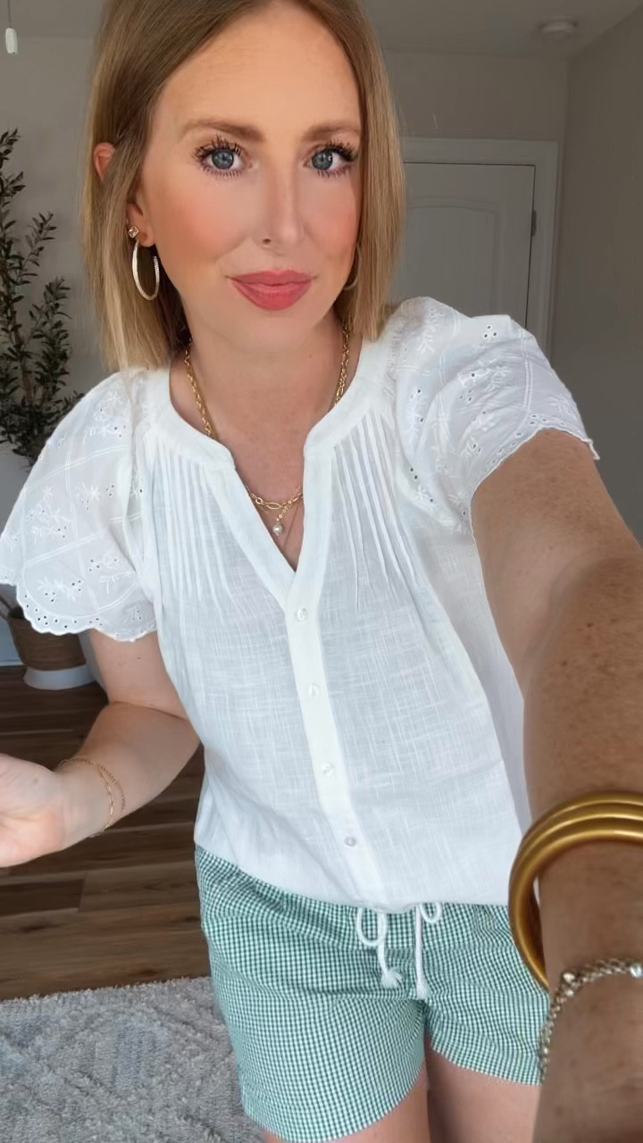 Kohls outfit try on! The eyelet sleeve detail on this white top is so good! Paired with green seersucker shorts. Wearing a size small in the top & medium in the shorts  

@kohls #kohls #kohlspartner 

#LTKootd #LTKmomlife #LTKSaleAlert