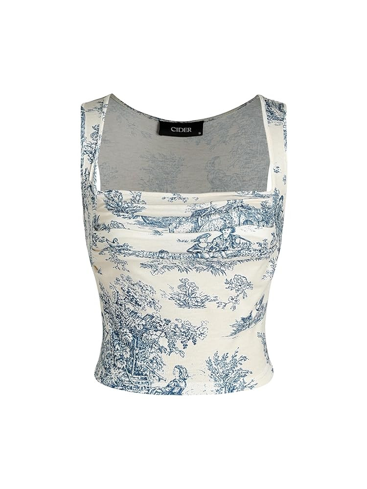 CIDER Women Square Neck Tank Tops Sleeveless Ruched Floral Cute Going Out Summer Trendy Crop Top | Amazon (US)