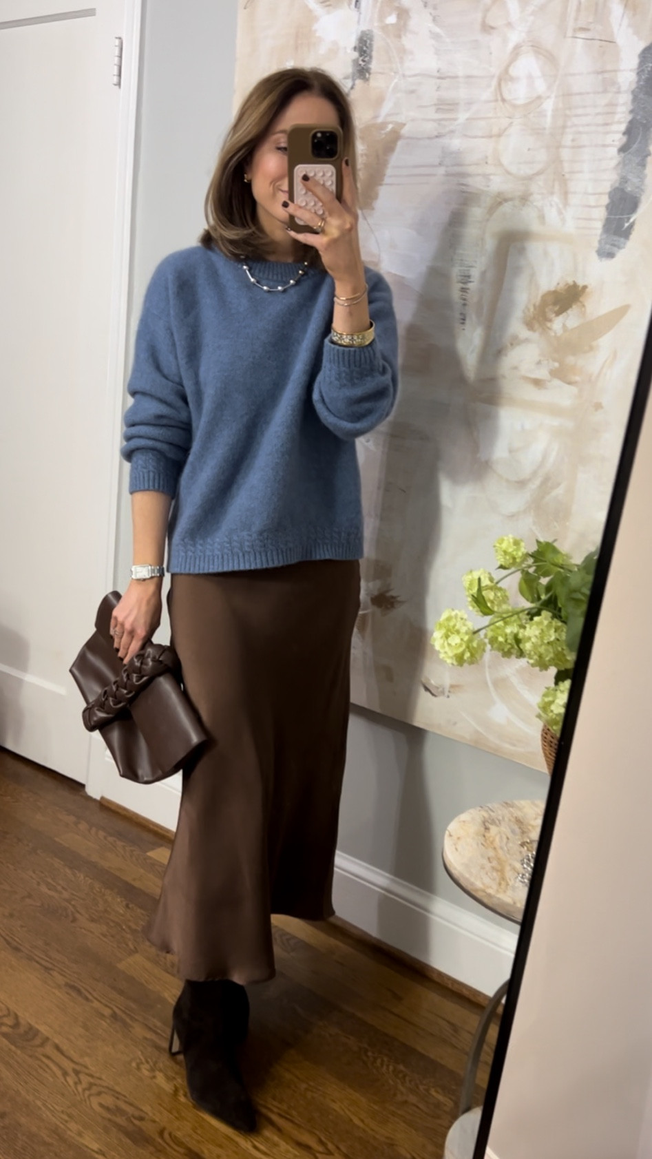 Love the blue and chocolate combo 
Knee high chocolate suede boots
Chocolate slip dress 

#LTKshoecrush