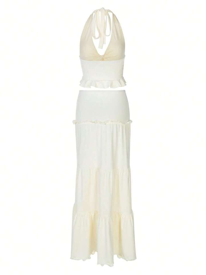 Women Fashion Elelgant Ruched Ruffled Slim Halter Crop Top&Skirt Spring Summer Sexy Party Vacatio... | SHEIN