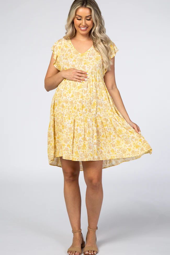 Yellow Floral Ruffle Sleeve Pleated Tier Maternity Mini Dress | PinkBlush Maternity