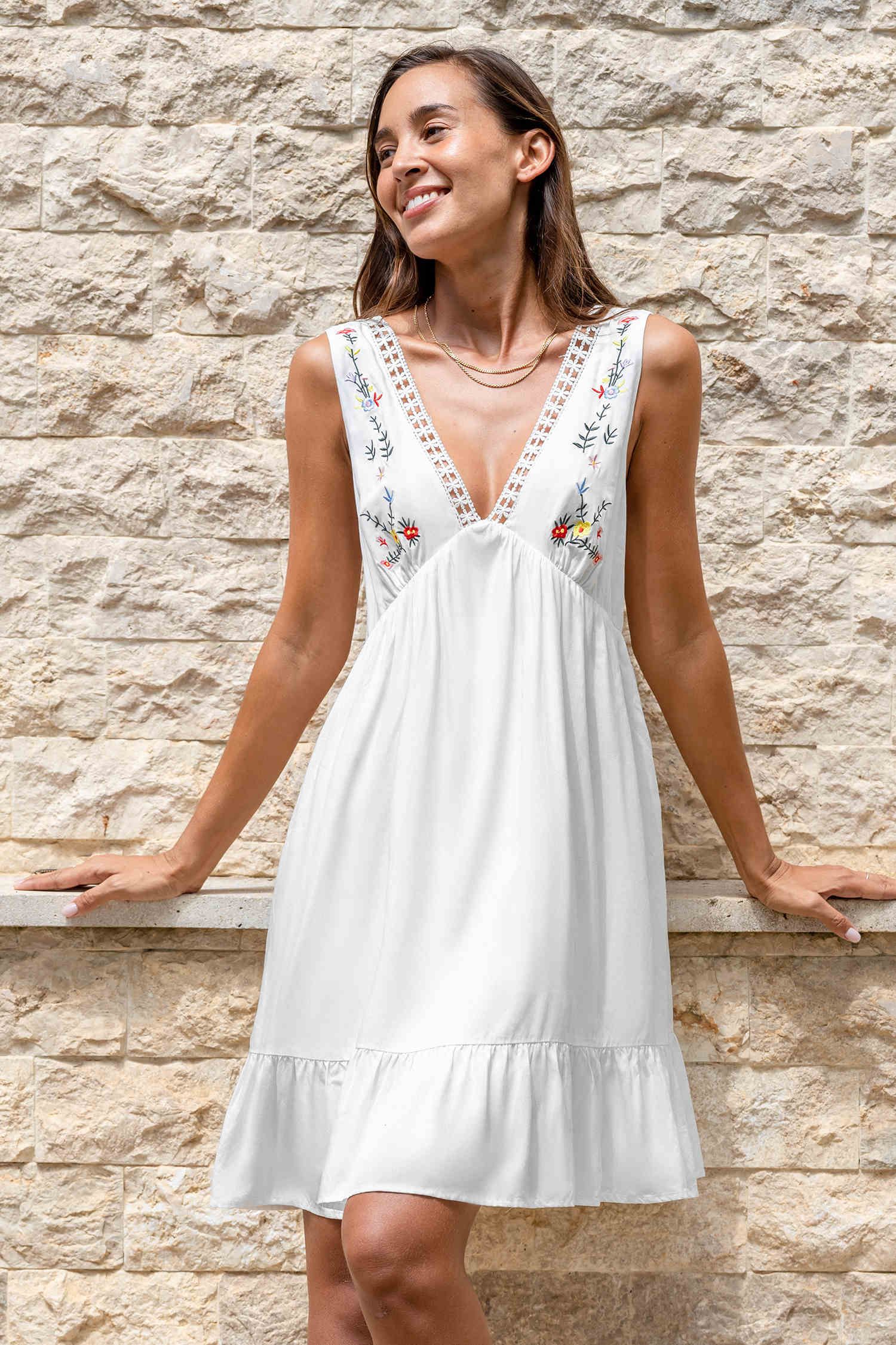 NewWhite Embroidered Plunging Sleeveless Mini Dress | Cupshe US