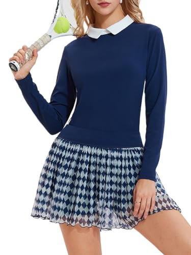 Women's 2 Piece Tennis Skirt Set Long Sleeve Colorblock Collared Top & Flowy Pleated Skort 4 Pockets Golf Pickleball Athletic | Amazon (US)