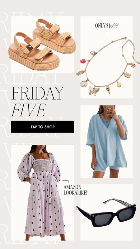 Friday 5 💜 found the perfect lookalike for my Easter dress on Amazon! Also this charm necklace is only $16.99, such a good deal 🩷

Current faves, Friday five, free people, maternity set, comfy set, Steve Madden sandals, raffia sandals, trending for spring 

#LTKSeasonal #LTKshoecrush #LTKfindsunder100