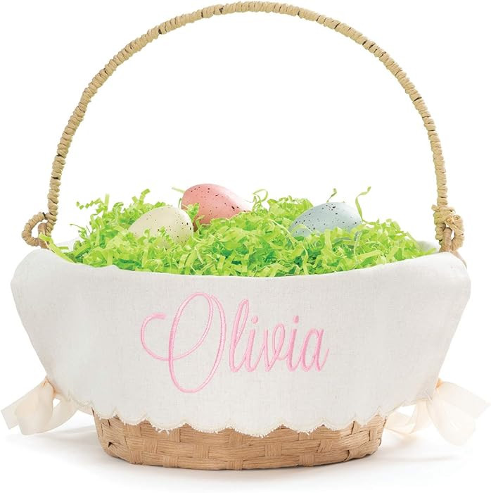 Personalized Easter Egg Basket with Handle and Custom Name in Pink Script | Scallop Edge Linen Ea... | Amazon (US)
