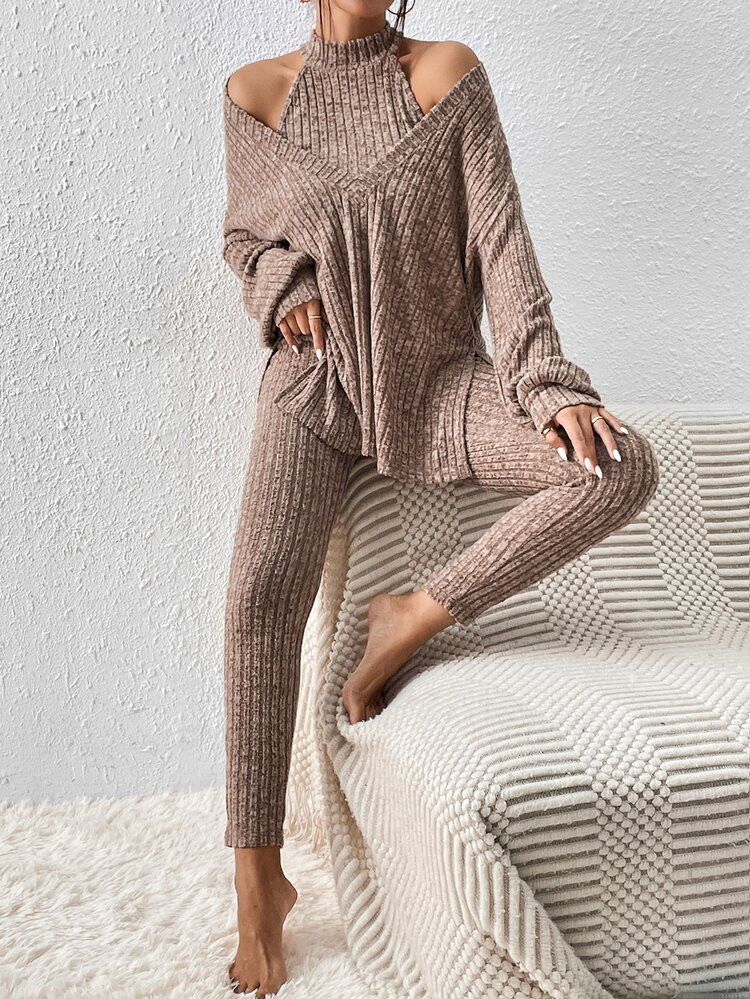 Space Dye Halter Top & Split Hem Tee & Leggings | SHEIN