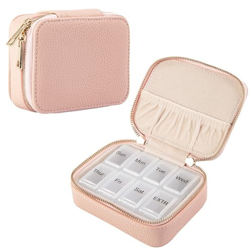Weekly Pill Organizer Pink Portable Leather Travel Pill Organizer 7 Day with Detachable 8 Compartments, Cute Travel Pill Case for Vitamins & Medication, Weekly Medicine Container with Secure Zipper | Amazon (US)