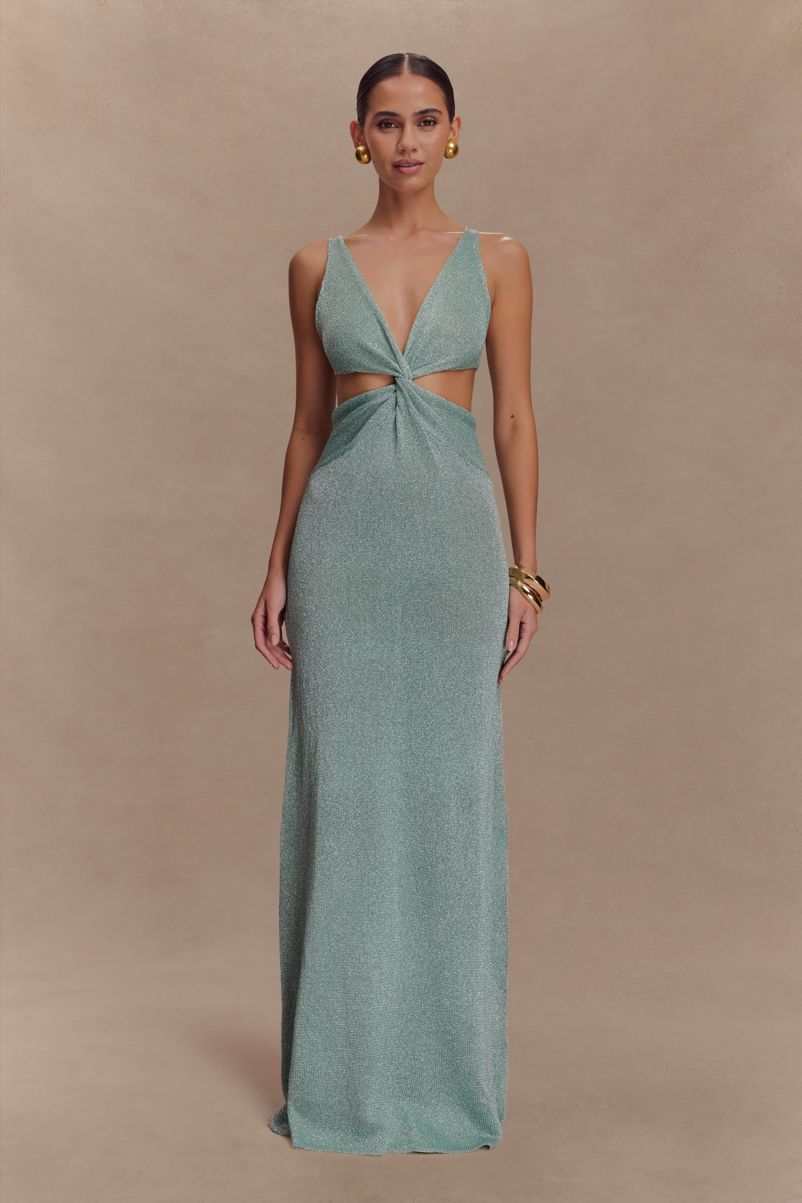 Twisted Metallic Knit Maxi Dress - Aqua | MESHKI US