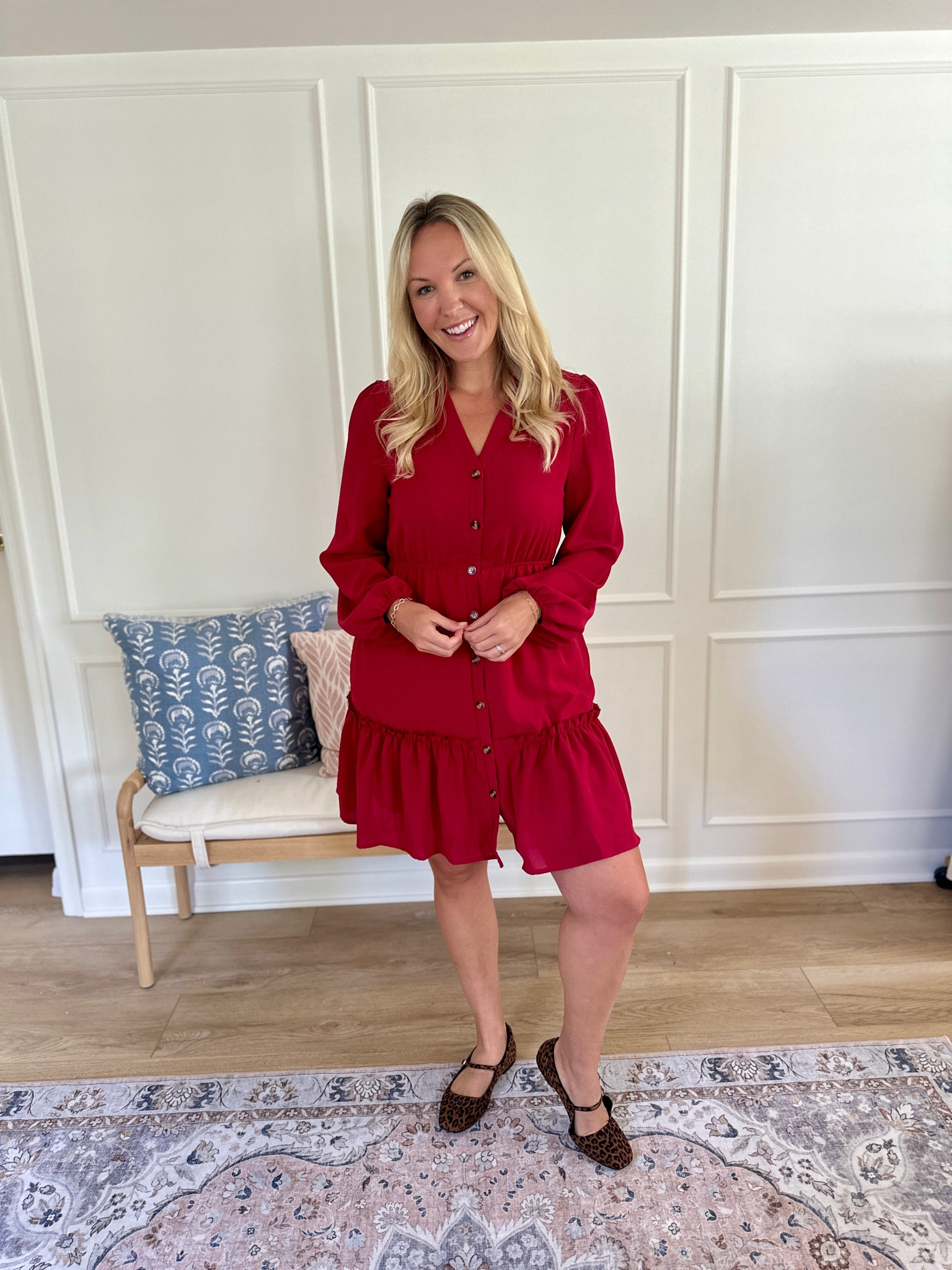 This red dress is perfect for the upcoming season - from fall through winter! Functional buttons, a subtle puff sleeve, and stretchy waist - love pairing this with a leopard print ballet flat! Fall outfit - teacher outfit - work wear - date night outfit - I’m wearing a med 

#LTKStyleTip #LTKMidsize #LTKWorkwear