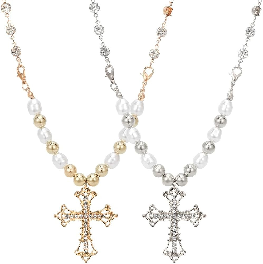 2 Pcs Pearl Cross Vintage Necklaces for Women Crystal Cross Necklace Gold Silver Big Y2k Pearl St... | Amazon (US)