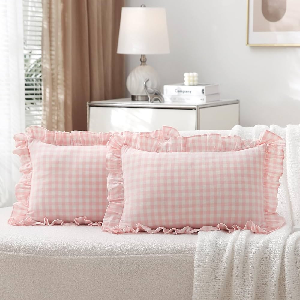 2 Pack Blush White Plaid Ruffle Gingham Lumbar Throw Pillow Covers, 100% Washed Cotton Checkered ... | Amazon (US)