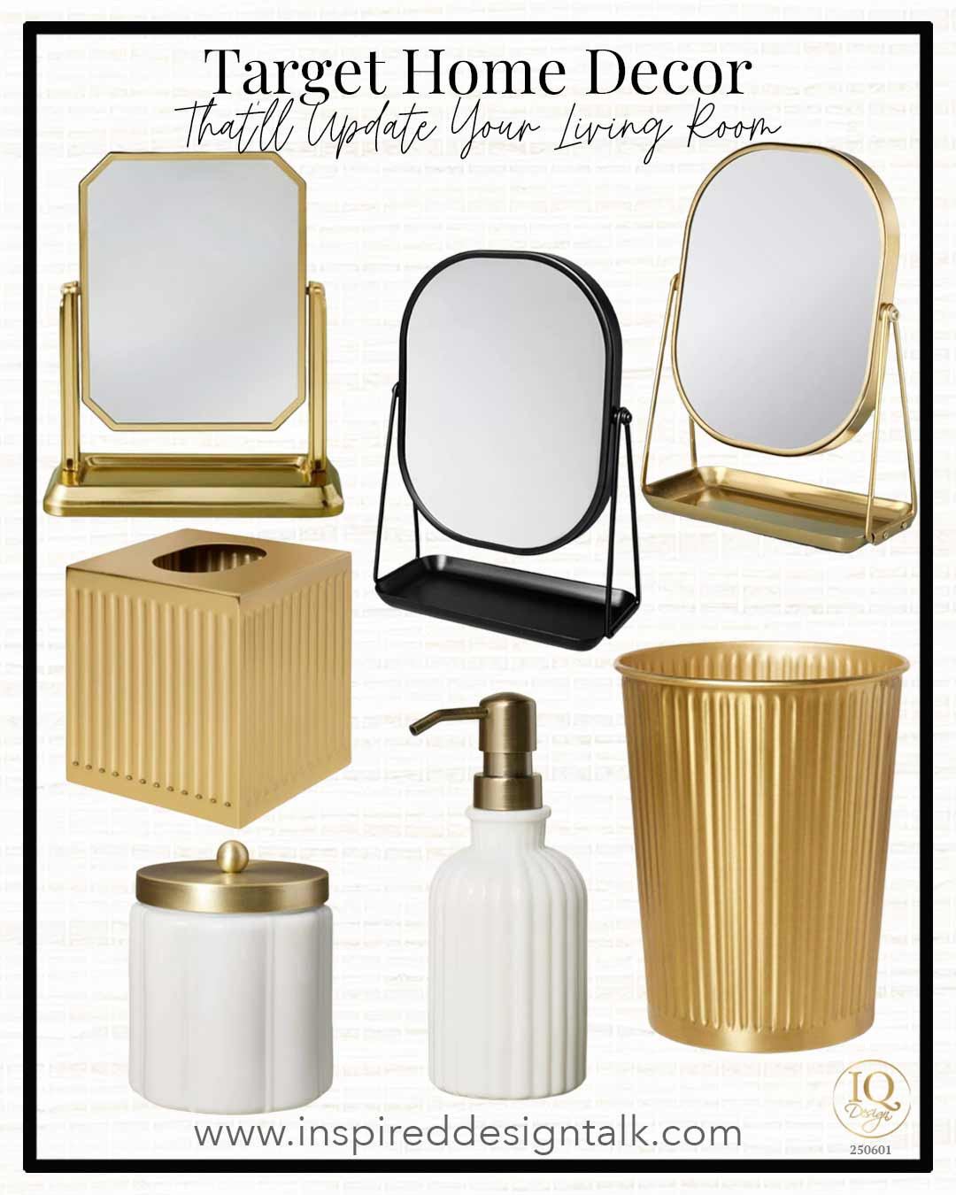 NEW Target Home Decor. Vanity mirror, Tissue Box cover,  gold trash can, and home decor to instantly elevate the look of your bathroom. Vintage Vanity Mirror with Tray Brushed Brass, Gold Vanity Flip Mirror with Tray, Black vanity mirror, Milk Glass Bath Canister with Metal Lid, Fluted Milk Glass Soap Pump, Fluted Brass Bathroom Tissue Box Cover Antique Finish, Fluted Brass Bathroom Wastebasket Antique Finish 

 #LTKHome #LTKFindsUnder50 #LTKStyleTip