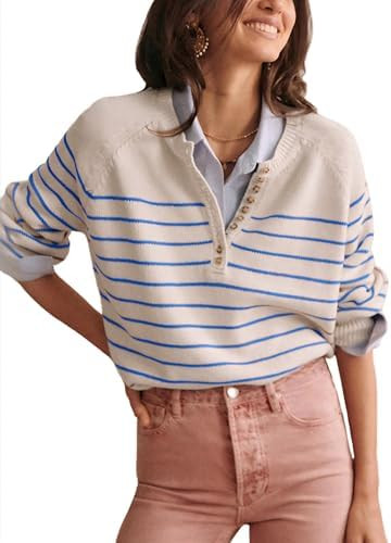 Hongsui Women's Color Block Striped Sweaters Button Up Crewneck Pullover Ribbed Knit Sweater Tops | Amazon (US)