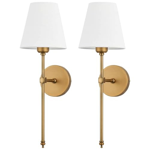 Bsmathom Wall Sconces Sets of 2, Hardwired Classic Brushed Brass Sconces Wall Lighting, Bathroom Vanity Light Fixture with Fabric Shade for Bedroom Living Room Hallway Kitchen, Gold | Amazon (US)