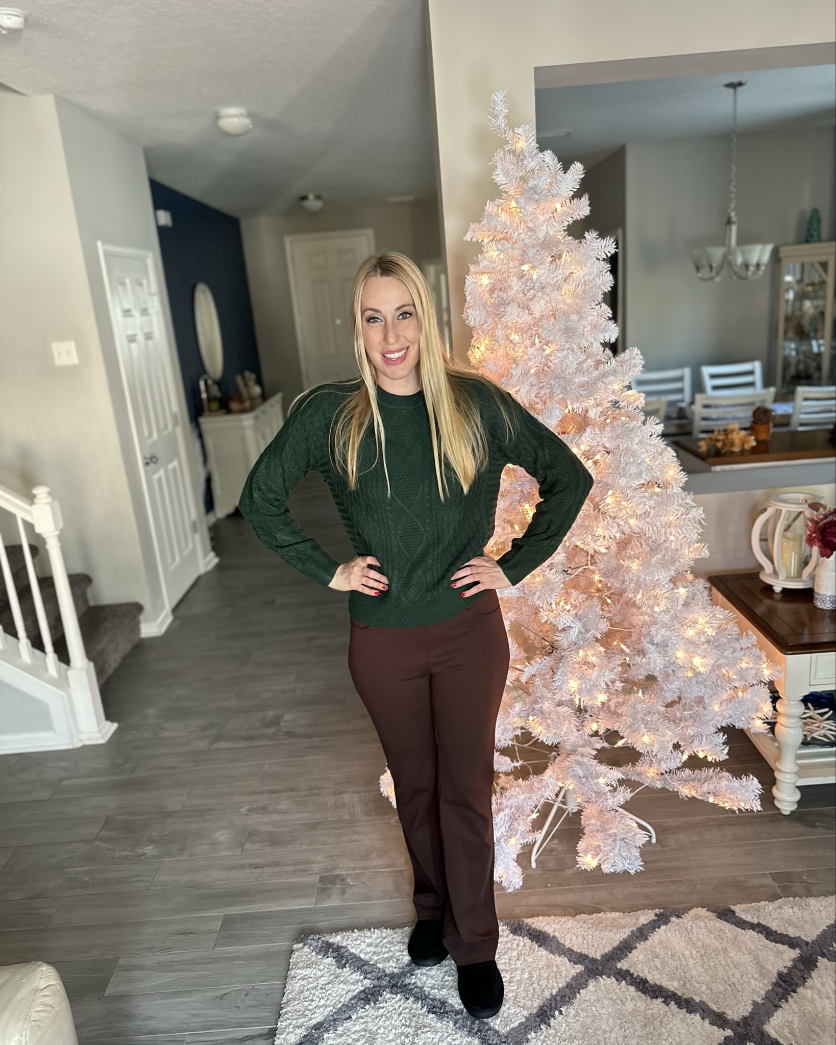 Green and brown for the holidays 
🎄 this is such a cute color combo
🎄 I love the sweater, it is your vintage style cable knit 
🎄 the brown pants are perfect for work - super stretchy and comfortable to wear all day 

#LTKFindsUnder50 #LTKWorkwear #LTKStyleTip