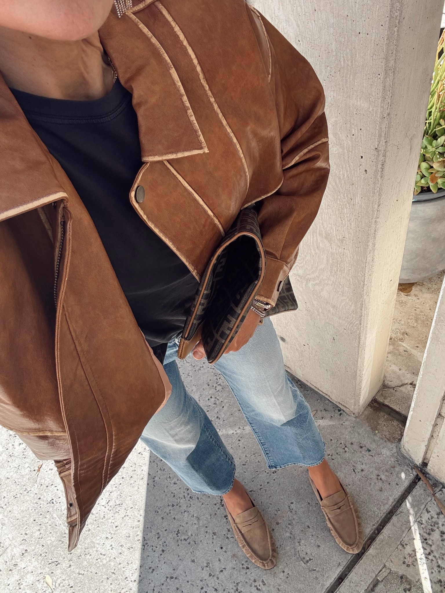 Cognac full leather jacket fits oversized mother denim fits true to size loafers fit true to size only $109! And look like saint Laurent $$$