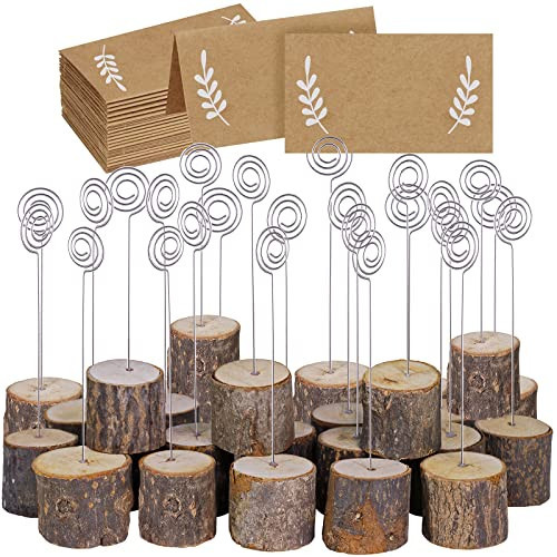 30 Pcs Rustic Wood Place Card Holders with Swirl Wire Wooden Bark Memo Holder Stand Card Photo Picture Note Clip Holders 5.8" and Kraft Place Cards Bulk for Wedding Party Table Number Name Sign | Amazon (US)