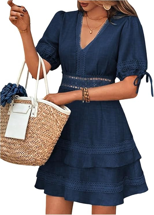 SOLY HUX Women's Summer Dress Hollow Out Lace V Neck Puff Short Sleeve A Line Layered Short Dress... | Amazon (US)