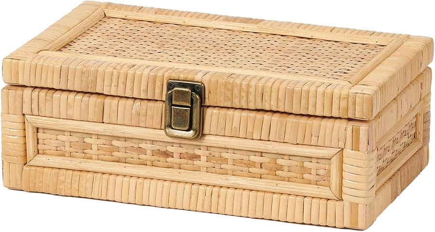 Rattan Box with Lid Decorative Natural Handmade Boho Rattan Baskets Woven Wicker Cane Bins Keepsa... | Amazon (US)