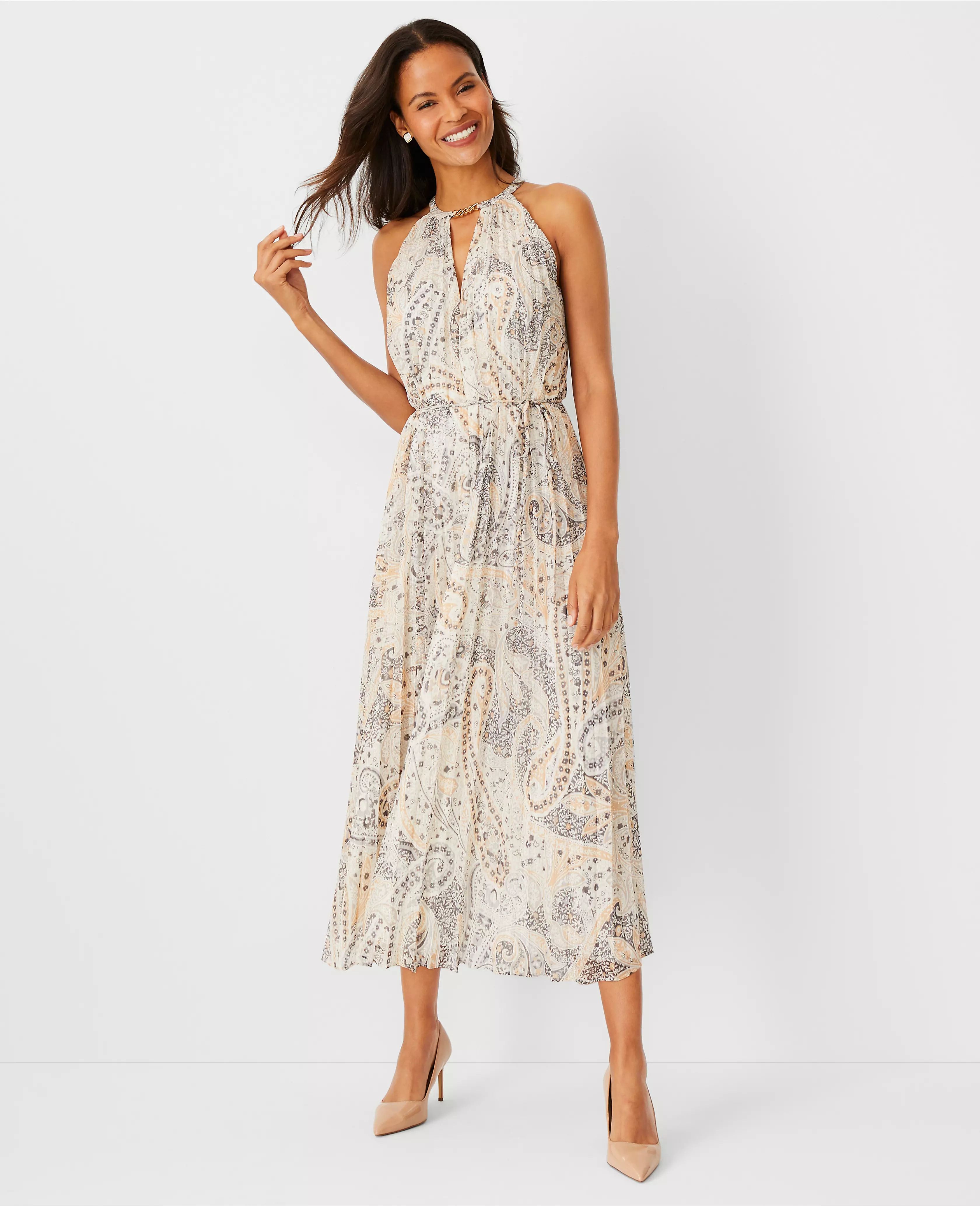 Paisley Chain Pleated Halter Dress | Ann Taylor (US)