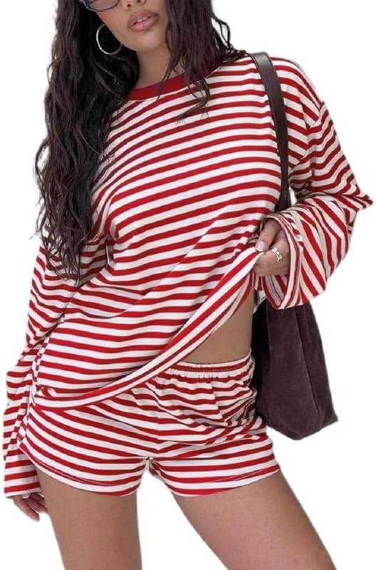 Women Y2K Striped Lounge Set Long Sleeve Oversized Sweatshirt Shorts Color Block 2 Piece Pajama O... | Amazon (US)