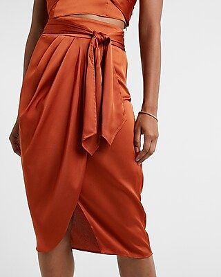 High Waisted Belted Satin Wrap Midi Skirt | Express