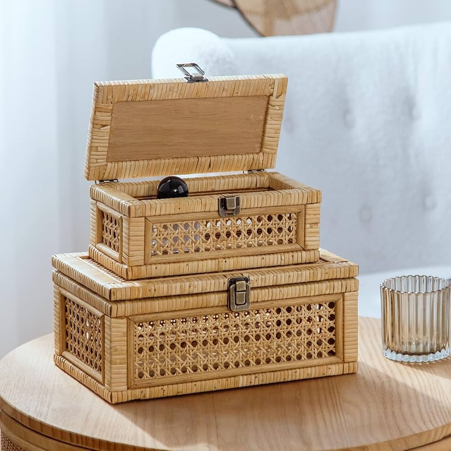 Rattan Decorative Box, Boho Display Boxes with Lids, Set of 2 Rectangular Wicker Storage Basket, ... | Amazon (US)