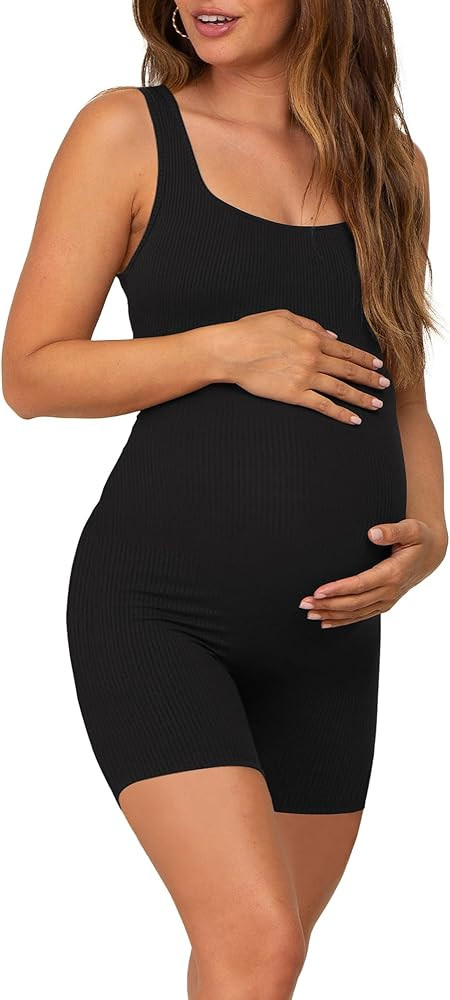 Women's Maternity Bodysuit Pregnancy Shapewear Sleeveless Tank Top Shorts Ribbed Romper Jumpsuit | Amazon (US)