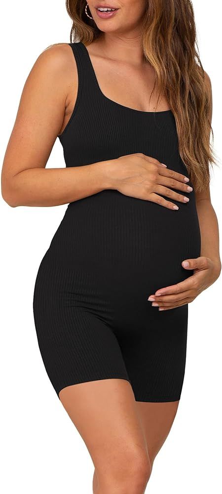 AIBIANOCEL Women's Maternity Bodysuit Pregnancy Shapewear Sleeveless Tank Top Shorts Ribbed Rompe... | Amazon (US)