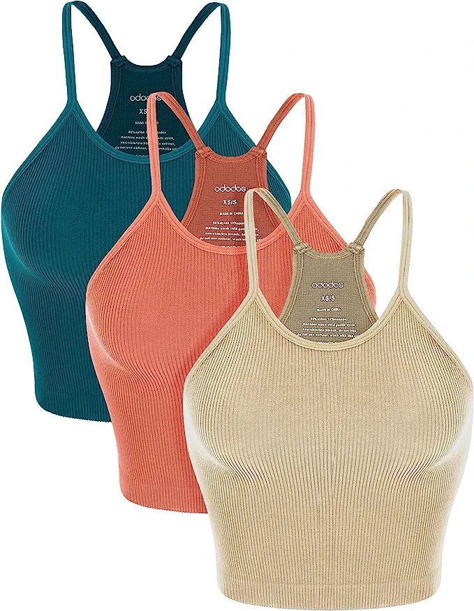 ODODOS Women's Crop 3-Pack Washed Seamless Rib-Knit Camisole Crop Tank Top | Amazon (US)