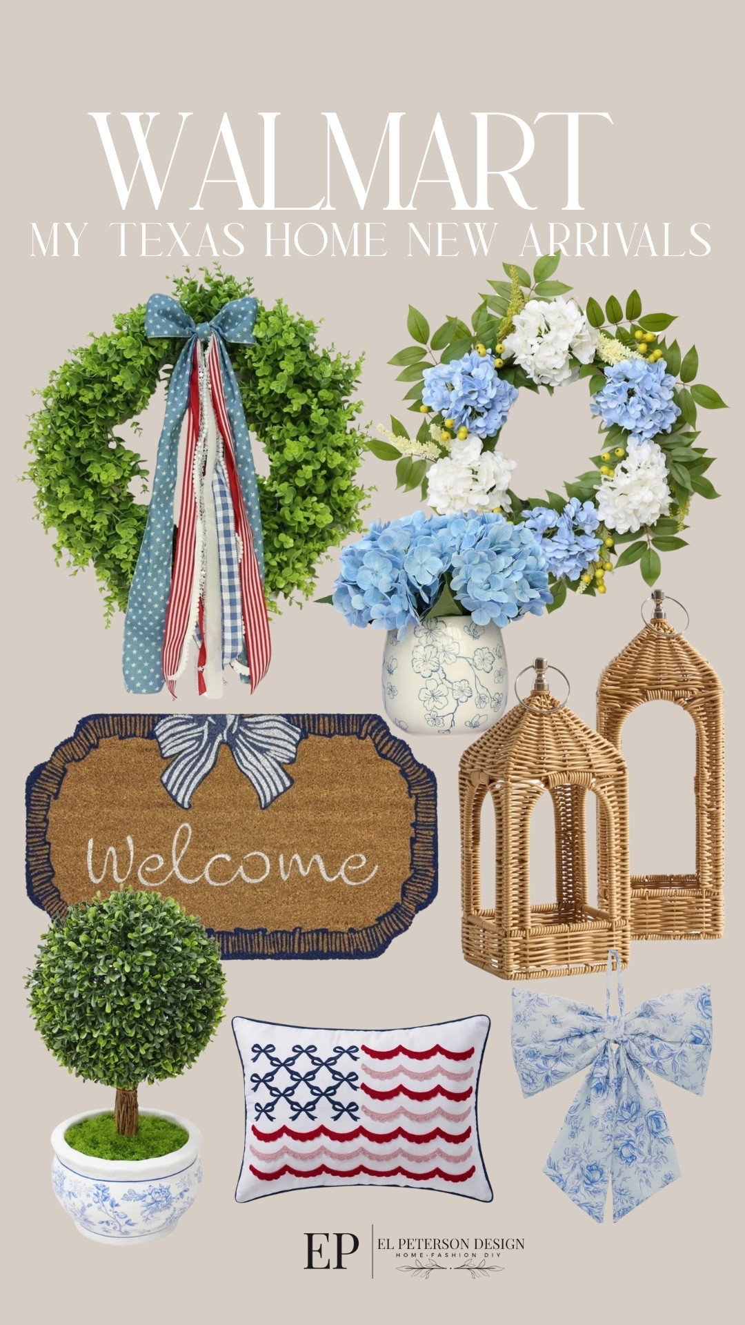 Walmart
My Texas New Arrivals
Wreaths
Door mat
Floor lantern
Potted tree
Pillow
