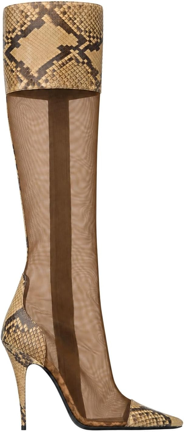 Women's Mesh Knee High Boots Snake Print Pointed Toe Stiletto Heel Boots | Amazon (US)