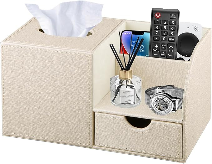 Nightstand Organizer with Tissue Holder,PU Leather Square Tissue Box Cover,Modern Facial Paper Or... | Amazon (US)