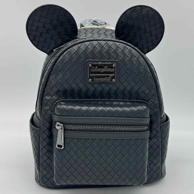 Disney Parks Loungefly Black Woven Faux Leather Mickey Mouse Ears Backpack NWT | eBay US