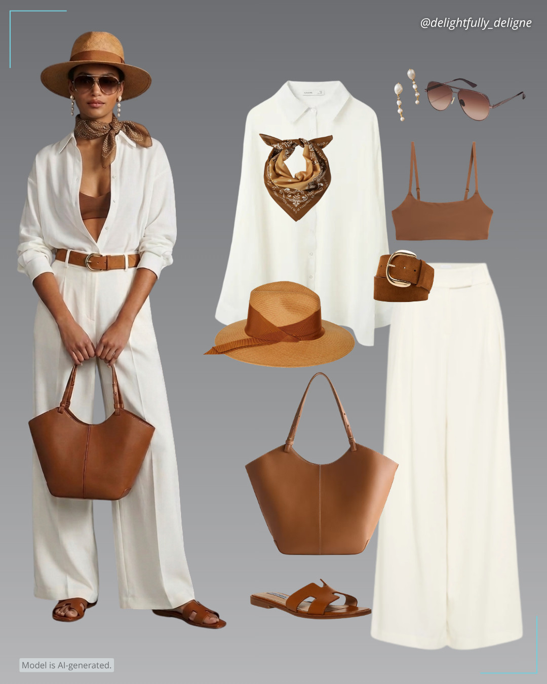 Summer Neutrals Edit ☀️🤎 SecondSkin bralette, sheer button-up shirt, pleated wide-leg pants, faux suede wide belt, boho tan paisley floral wrap soft scarf, Italian leather trapeze tote, gardenia hat, slide sandals, aviator sunglasses & pearl drop earrings. 

 #LTKootd #LTKOver40 #LTKSaleAlert